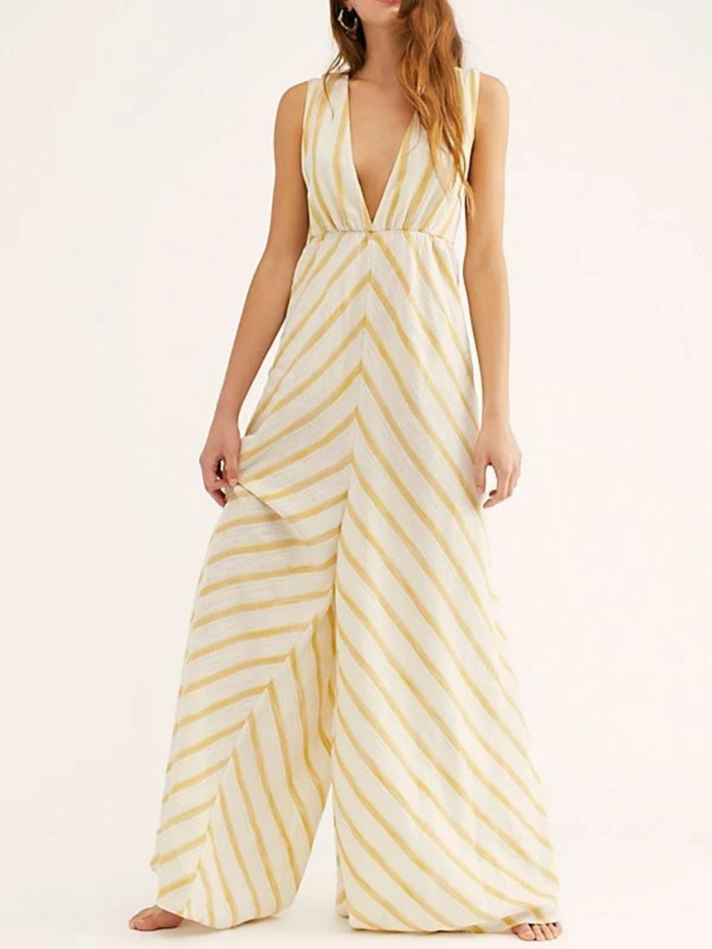 Free People Veronica Wide Leg Jumpsuit Women Yellow Striped Boho Size 8
